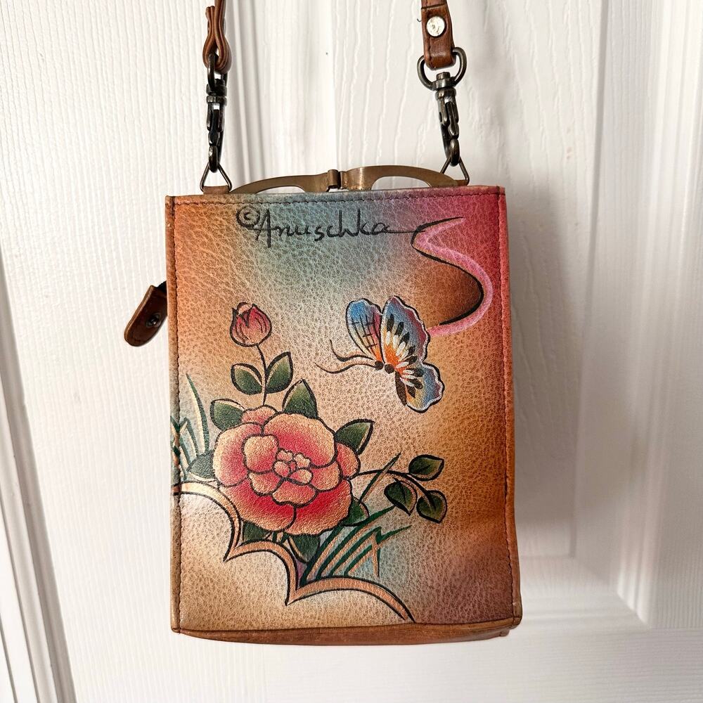 Anuschka Hand Painted Butterfly Rose Kisslock Flap Over Multi Pocket Wallet Bag - Picture 6 of 10